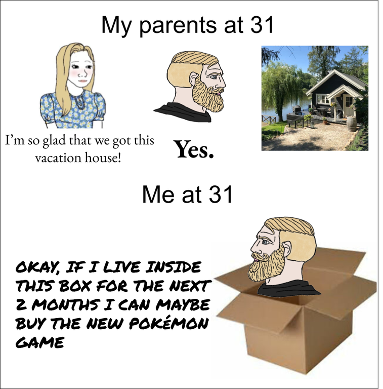cartoon - My parents at 31 I'm so glad that we got this Yes. vacation house! Me at 31 Okay, If I Live Inside This Box For The Next 2 Months I Can Maybe Buy The New Pokmon Game