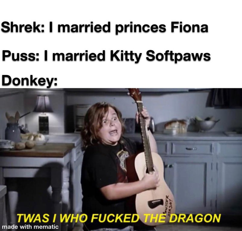 twas i who f the dragon meme - Shrek I married princes Fiona Puss I married Kitty Softpaws Donkey Mas! Twas I Who Fucked The Dragon made with mematic