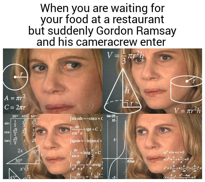 funny memes - confused af meme - When you are waiting for your food at a restaurant but suddenly Gordon Ramsay and his cameracrew enter V trh 3 r h A nr 2 C 2nr V trah sin xdxCosxc tan @ 10 sin 30 45 60 1 V2 V3 2 15 dx 8 Sin Fins tgx C, Cos wa Nis Ni 2 Co