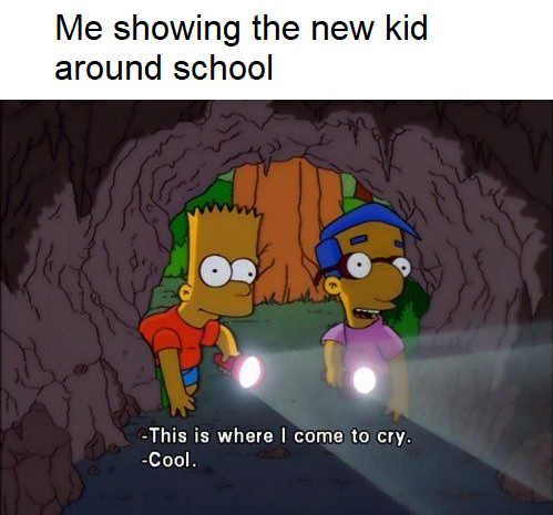 funny memes - come to cry - Me showing the new kid around school This is where I come to cry. Cool.