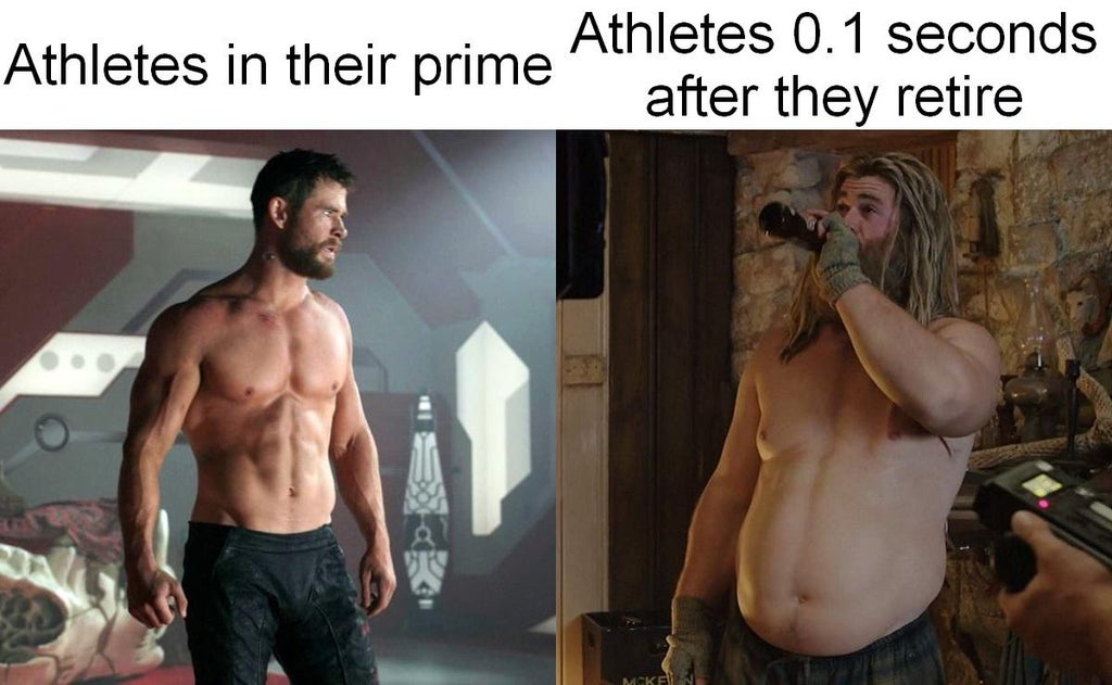 funny memes - chris hemsworth - Athletes 0.1 seconds Athletes in their prime after they retire Mcke
