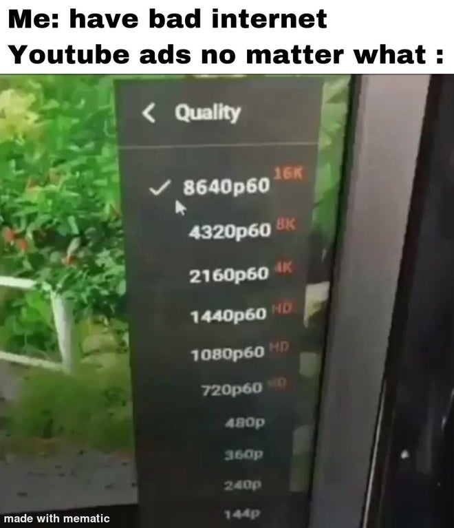 funny memes - 8640p youtube - Me have bad internet Youtube ads no matter what