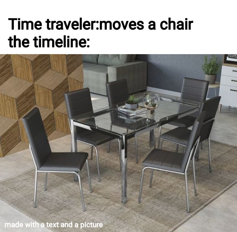 Time travelermoves a chair the timeline made with a text and a picture