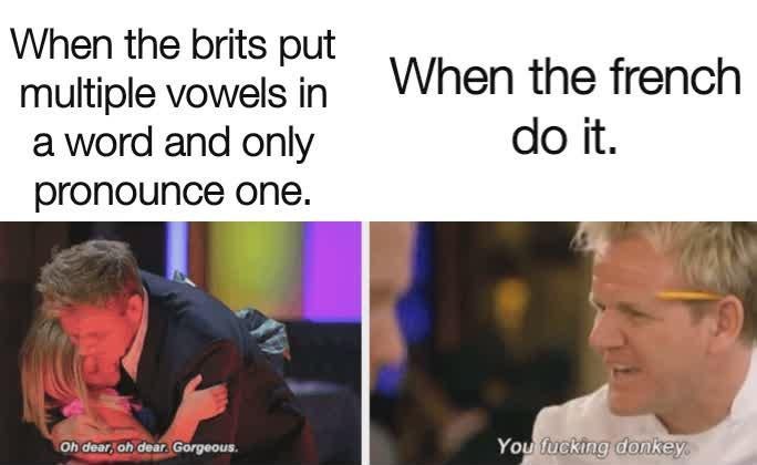 conversation - When the brits put multiple vowels in a word and only pronounce one. When the french do it. Oh dear, oh dear Gorgeous. You fucking donkey