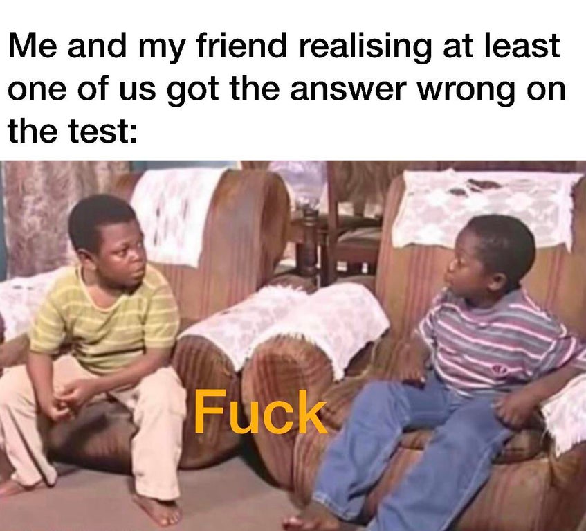 me and my friend discussing how to pass without studying - Me and my friend realising at least one of us got the answer wrong on the test Fuck