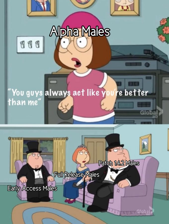 meg family guy meme - Alpha Males "You guys always act youre better than me Global Patch 142 Males Full Release Males Early Access Males Go