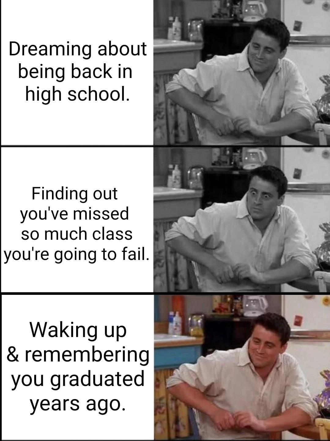 2020 tutorial complete meme - Dreaming about being back in high school. Finding out you've missed so much class you're going to fail. Waking up & remembering you graduated years ago.