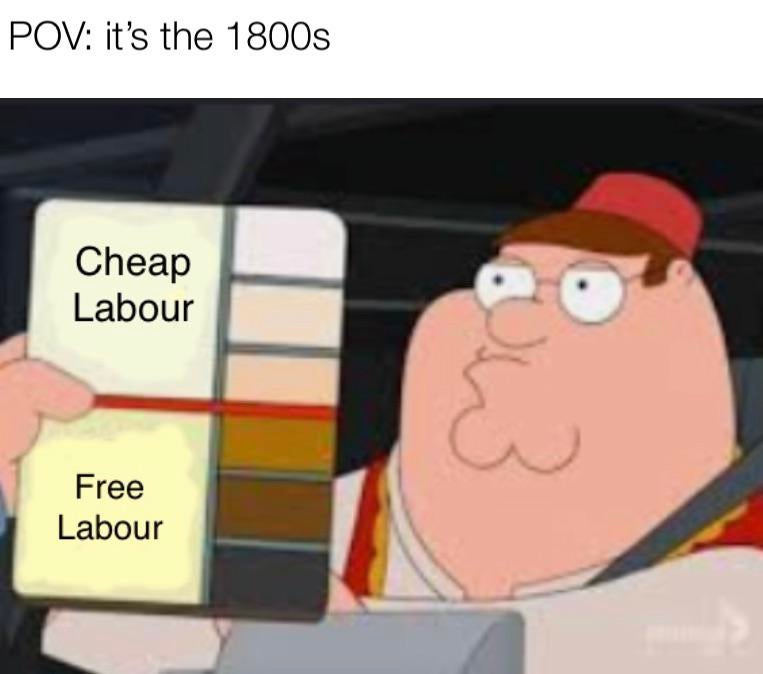 cartoon - Pov it's the 1800s Cheap Labour 3 Free Labour