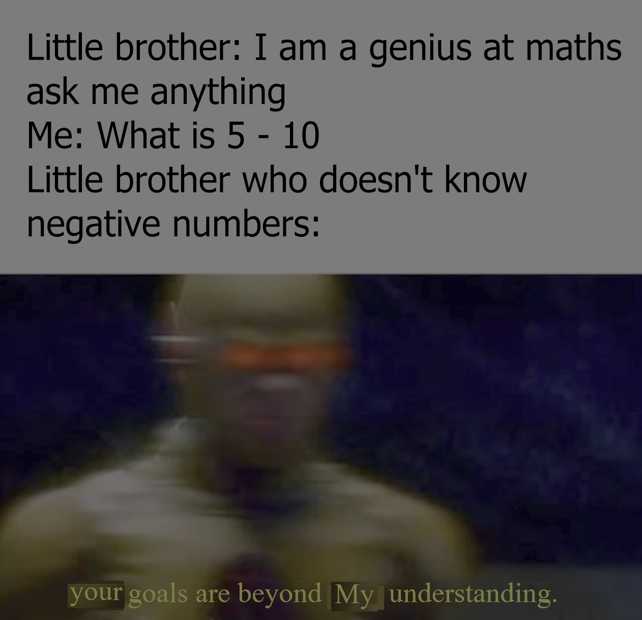 photo caption - Little brother I am a genius at maths ask me anything Me What is 5 10 Little brother who doesn't know negative numbers your goals are beyond My understanding.