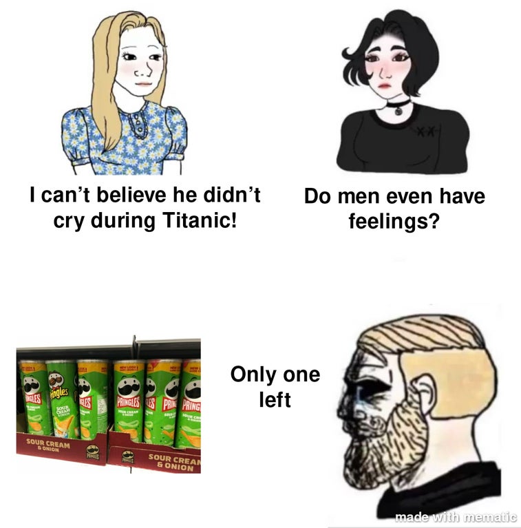 dank memes - can t believe he didn t cry - Doo Xx I can't believe he didn't cry during Titanic! Do men even have feelings? Only one left Igles nagles Pringleses Propring 19. De Sour Cream Onion Pg Sour Crean & Onion made with mematic