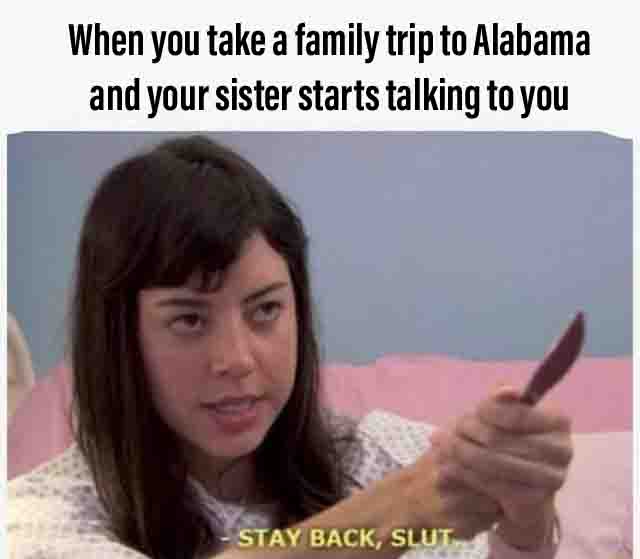 wholesome memes for friends - When you take a family trip to Alabama and your sister starts talking to you Stay Back, Slut,