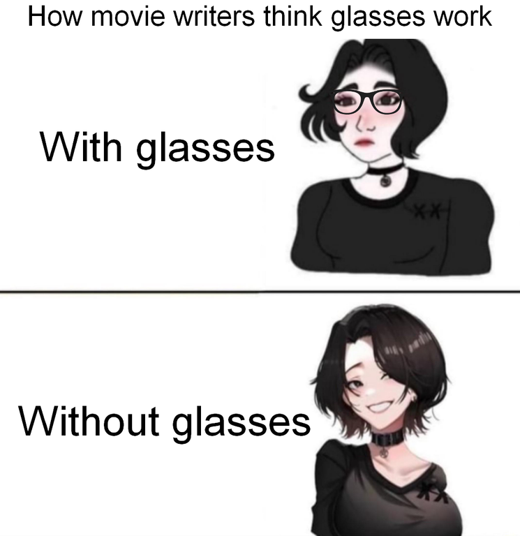 most super models a random girl working - How movie writers think glasses work With glasses Without glasses
