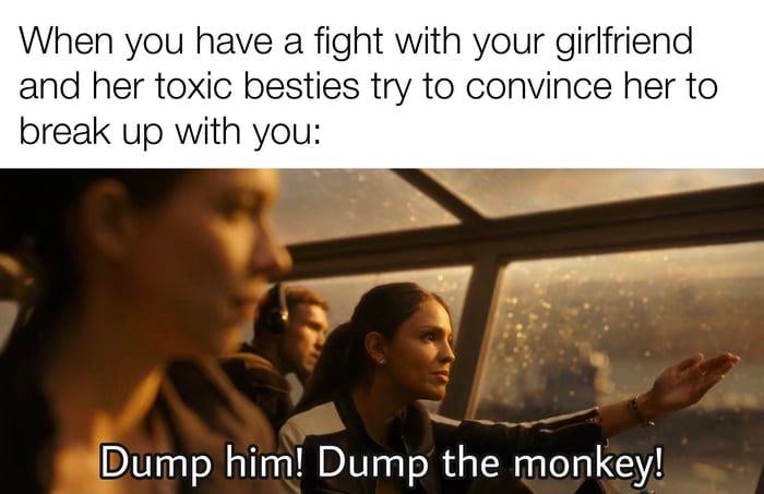 conversation - When you have a fight with your girlfriend and her toxic besties try to convince her to break up with you Dump him! Dump the monkey!