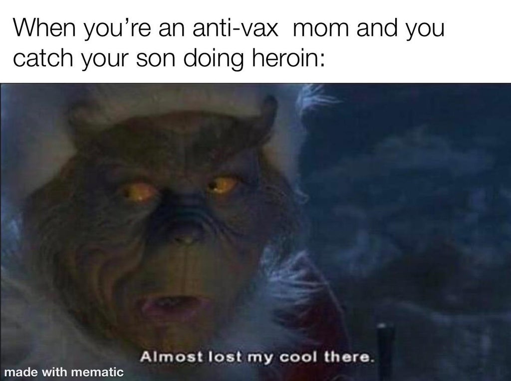 grinch memes - When you're an antivax mom and you catch your son doing heroin Almost lost my cool there. made with mematic