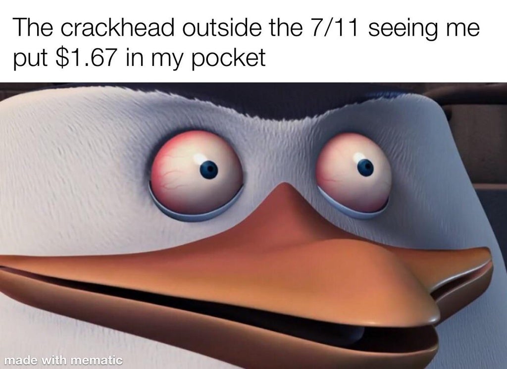 penguins of madagascar memes - The crackhead outside the 711 seeing me put $1.67 in my pocket made with mematic
