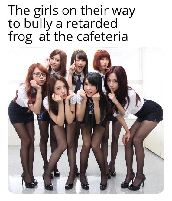 The girls on their way to bully a retarded frog at the cafeteria