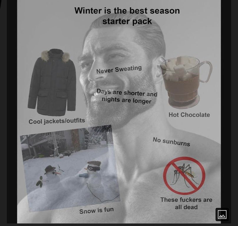 jaw - Winter is the best season starter pack Never Sweating Days are shorter and nights are longer Hot Chocolate Cool jacketsoutfits No sunburns These fuckers are all dead Snow is fun
