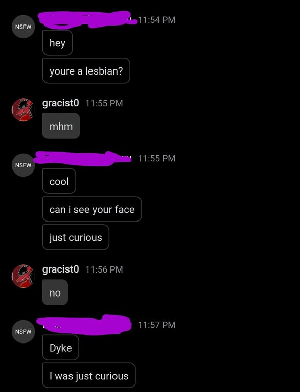 screenshot - Nsfw hey youre a lesbian? gracistO mhm Nsfw cool can i see your face just curious gracisto no Nsfw Dyke I was just curious