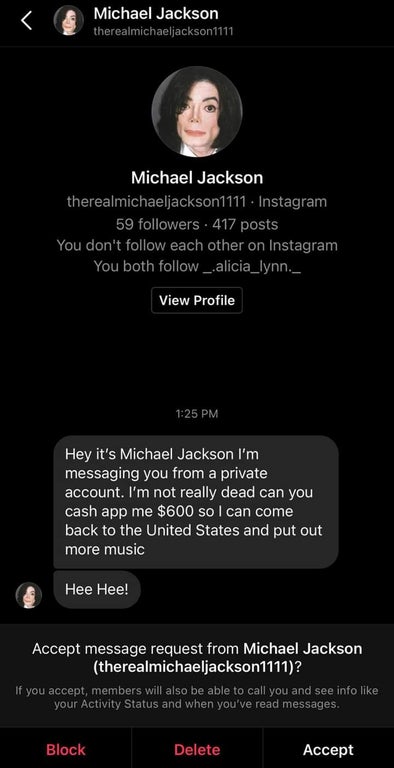 hey it's michael jackson i m messaging you you cash app me $600 so i can come back to the united states and put out more music hee -