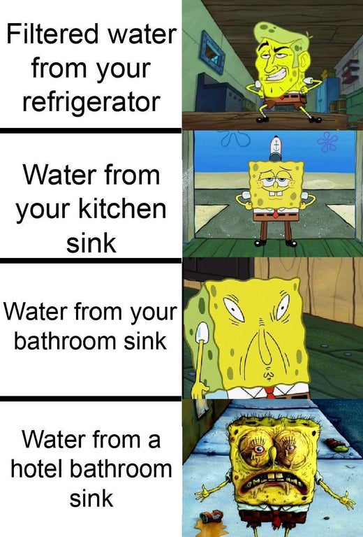 cartoon - Filtered water from your refrigerator o & Water from your kitchen sink Water from your bathroom sink Water from a hotel bathroom sink