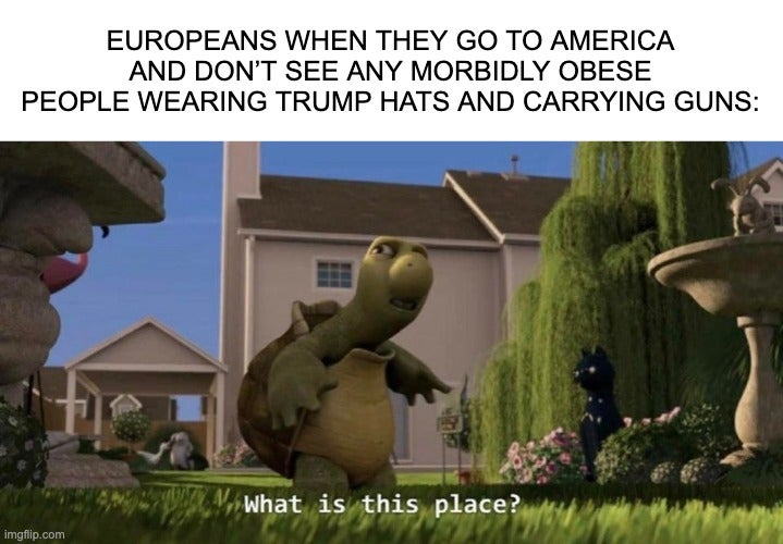 place meme template - Europeans When They Go To America And Don'T See Any Morbidly Obese People Wearing Trump Hats And Carrying Guns What is this place? imgflip.com