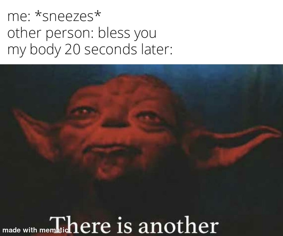 Internet meme - me sneezes other person bless you my body 20 seconds later made with me here is another