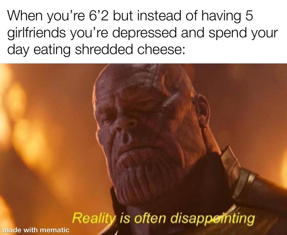 funny dank memes - roblox girlfriend meme - When you're 6'2 but instead of having 5 girlfriends you're depressed and spend your day eating shredded cheese Reality is often disappointing made with mematic