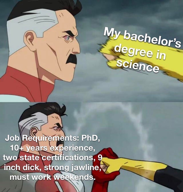 funny dank memes - omni man blocks punch meme - My bachelor's degree in Science Job Requirements PhD, 10 years experience, two state certifications, 9 inch dick, strong jawline, must work weekends.