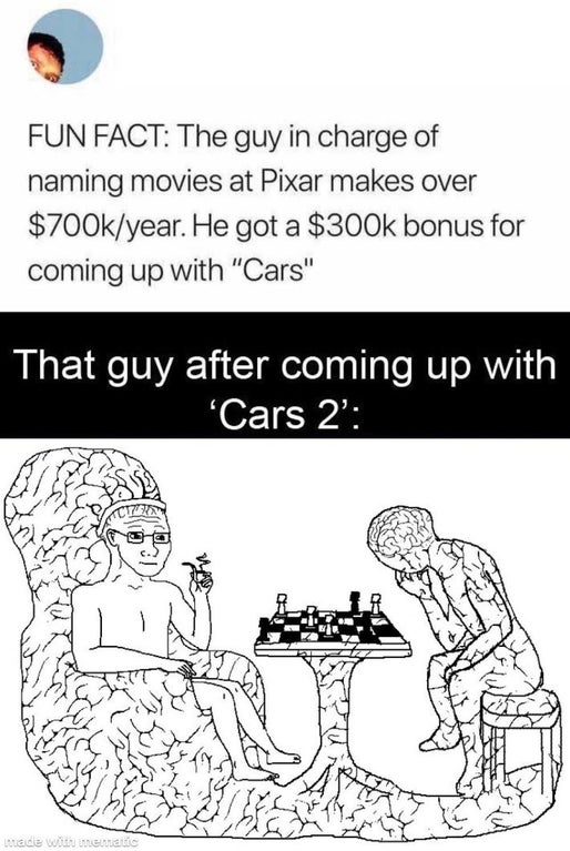 singed mains memes - Fun Fact The guy in charge of naming movies at Pixar makes over $year. He got a $ bonus for coming up with "Cars" That guy after coming up with 'Cars 2' made with thematic