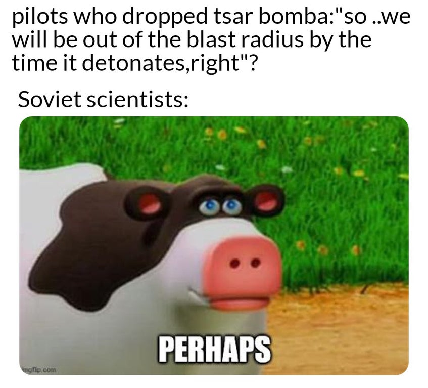 perhaps cow - pilots who dropped tsar bomba"so ..we will be out of the blast radius by the time it detonates,right"? Soviet scientists Perhaps uglip.com
