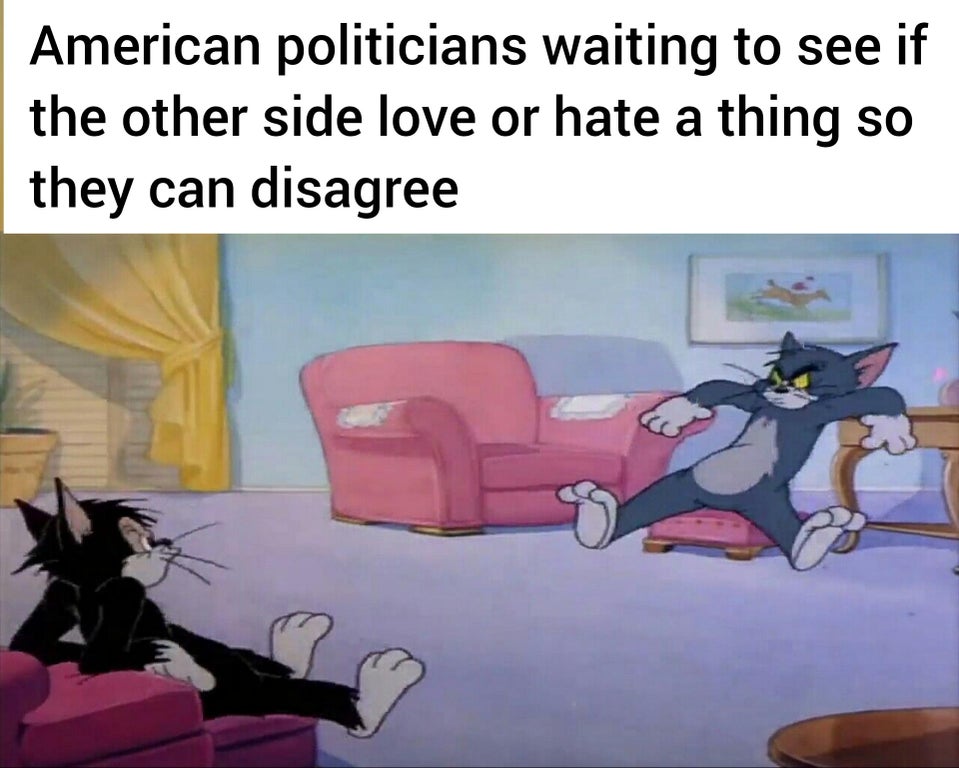 cartoon - American politicians waiting to see if the other side love or hate a thing so they can disagree