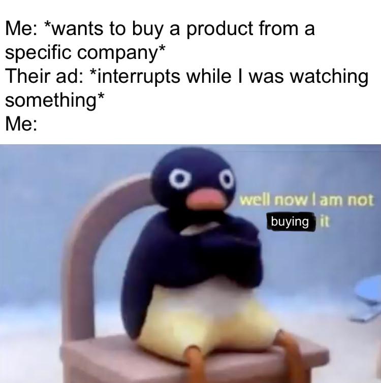 well now i won t do - Me wants to buy a product from a specific company Their ad interrupts while I was watching something Me O well now I am not buying it
