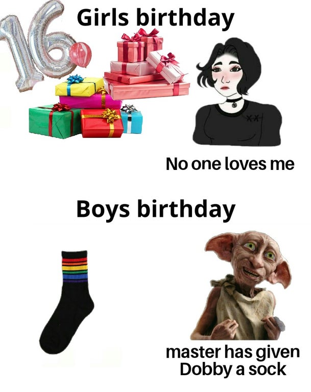 human behavior - Girls birthday No Xx No one loves me Boys birthday master has given Dobby a sock