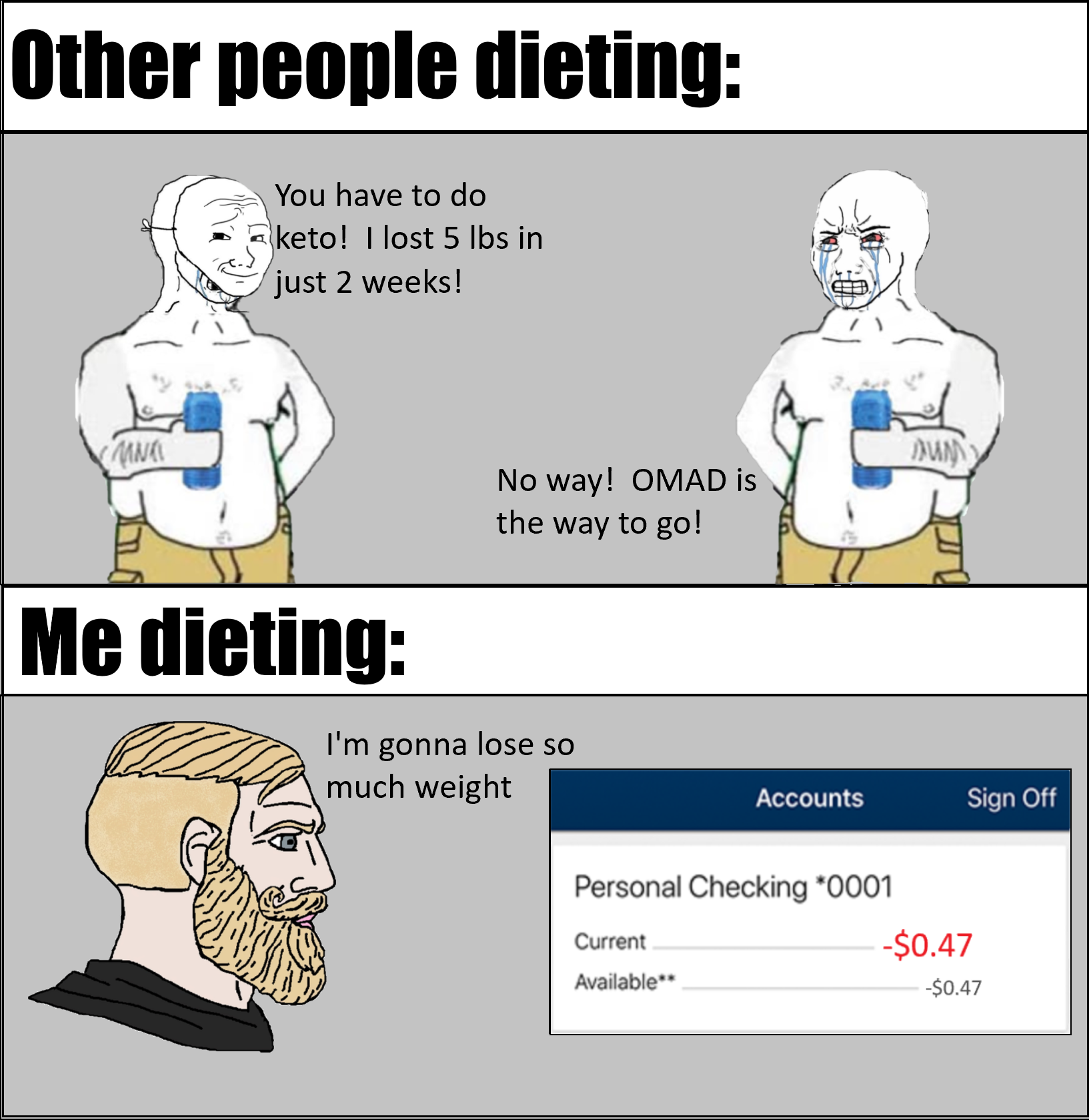 paving company - Other people dieting You have to do keto! I lost 5 lbs in just 2 weeks! Sun No way! Omad is the way to go! Me dieting I'm gonna lose so much weight Accounts Sign Off Personal Checking "0001 Current $0.47 Available $0.47