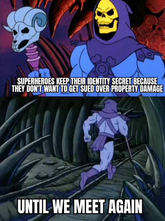 skeletor running away - Superheroes Keep Their Identity Secret Because They Don'T Want To Get Sued Over Property Damage Until We Meet Again