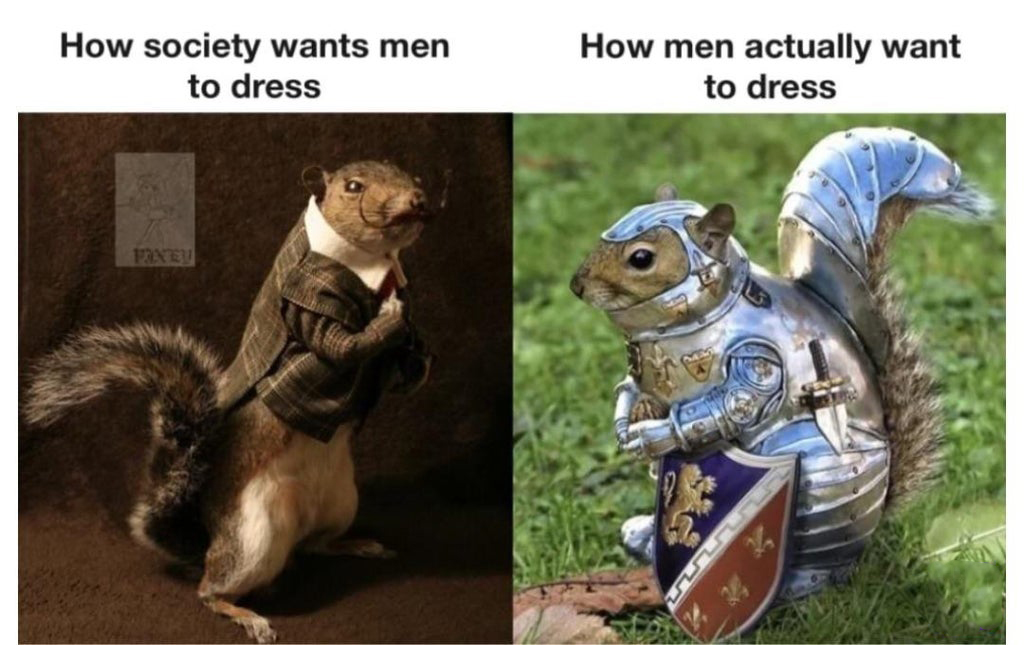 squirrel knight - How society wants men to dress How men actually want to dress Foney