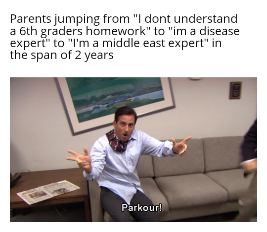 parkour meme - Parents jumping from "I dont understand a 6th graders homework" to "im a disease expert" to "I'm a middle east expert" in the span of 2 years Parkour!