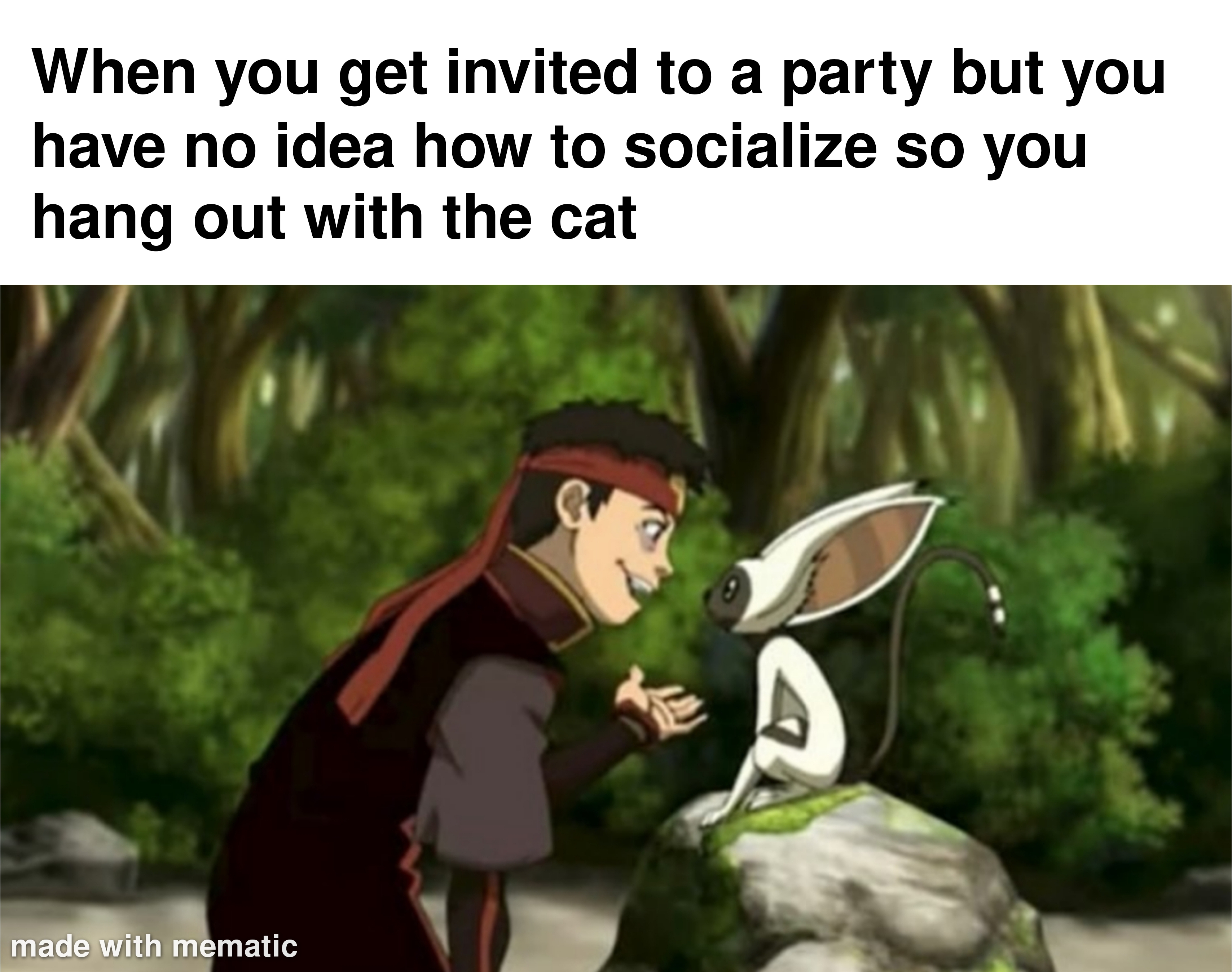 cartoon - When you get invited to a party but you have no idea how to socialize so you hang out with the cat made with mematic