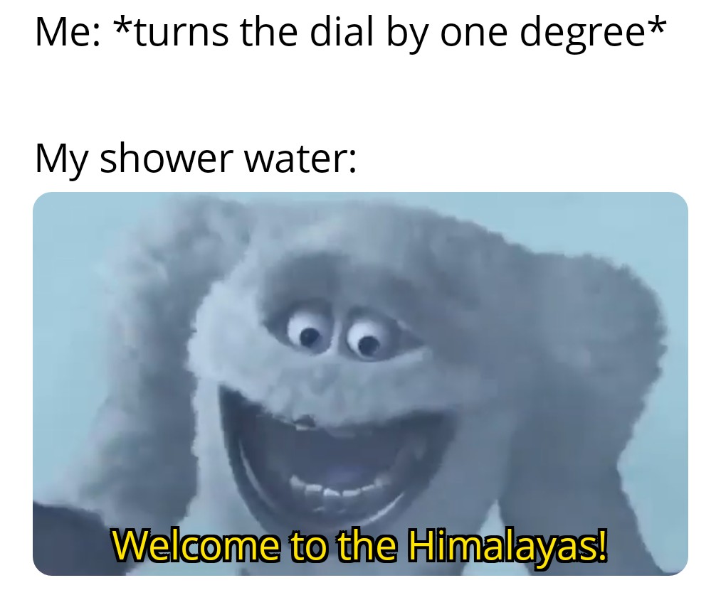 head - Me turns the dial by one degree My shower water Welcome to the Himalayas!