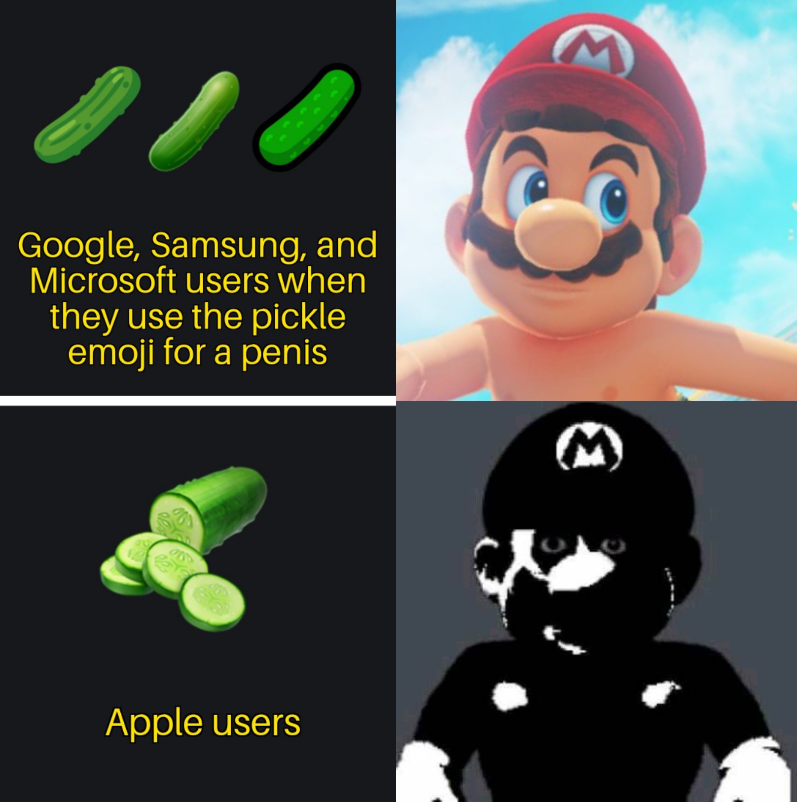 mario and scary mario meme - Un Google, Samsung, and Microsoft users when they use the pickle emoji for a penis Apple users