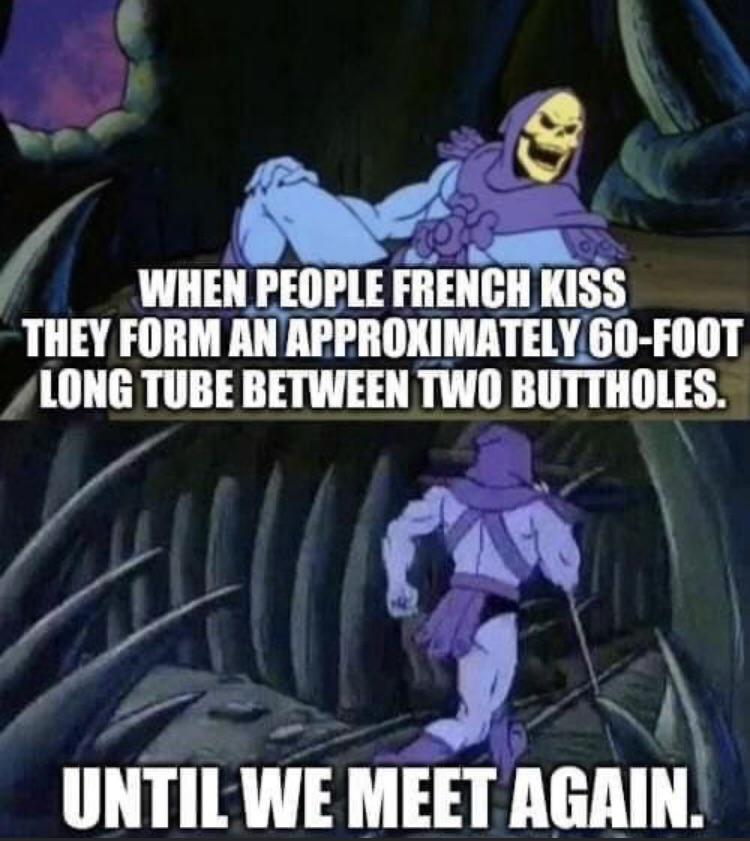 skeletor facts meme - When People French Kiss They Form An Approximately 60Foot Long Tube Between Two Buttholes. Until We Meet Again.