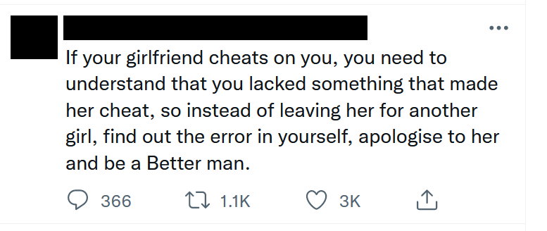 number - If your girlfriend cheats on you, you need to understand that you lacked something that made her cheat, so instead of leaving her for another girl, find out the error in yourself, apologise to her and be a Better man. . 366 12 3K