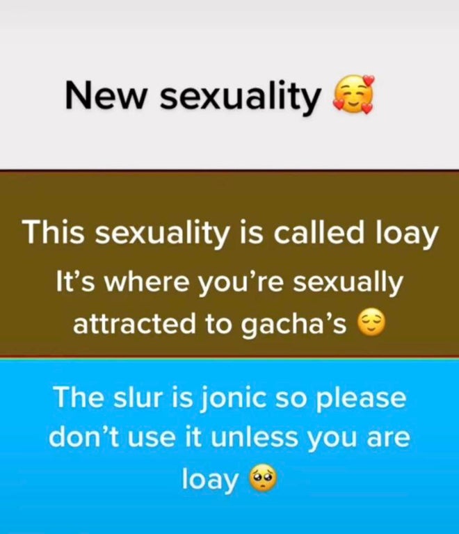 material - New sexuality This sexuality is called loay It's where you're sexually attracted to gacha's The slur is jonic so please don't use it unless you are loay