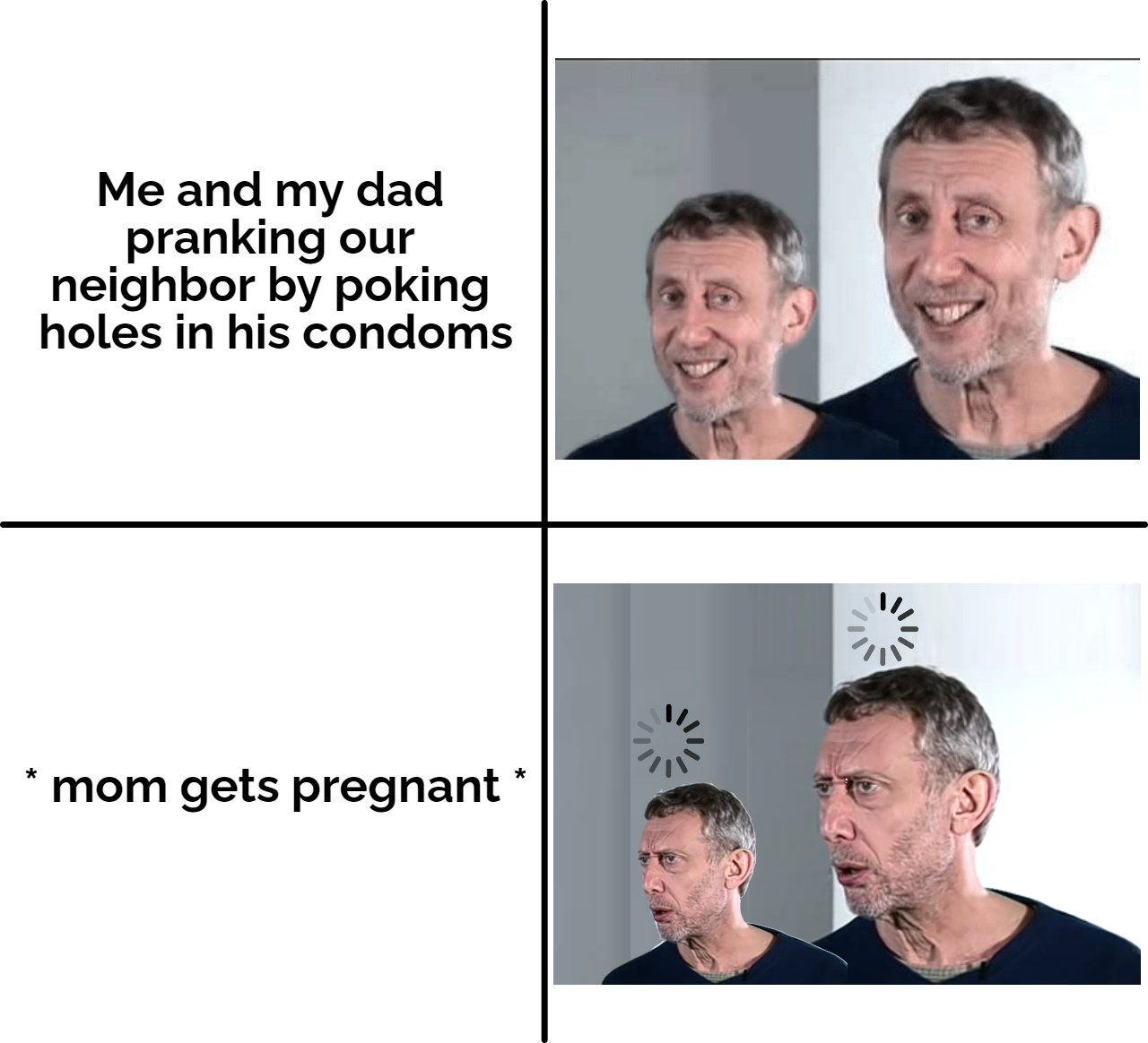 facial expression - Me and my dad pranking our neighbor by poking holes in his condoms mom gets pregnant