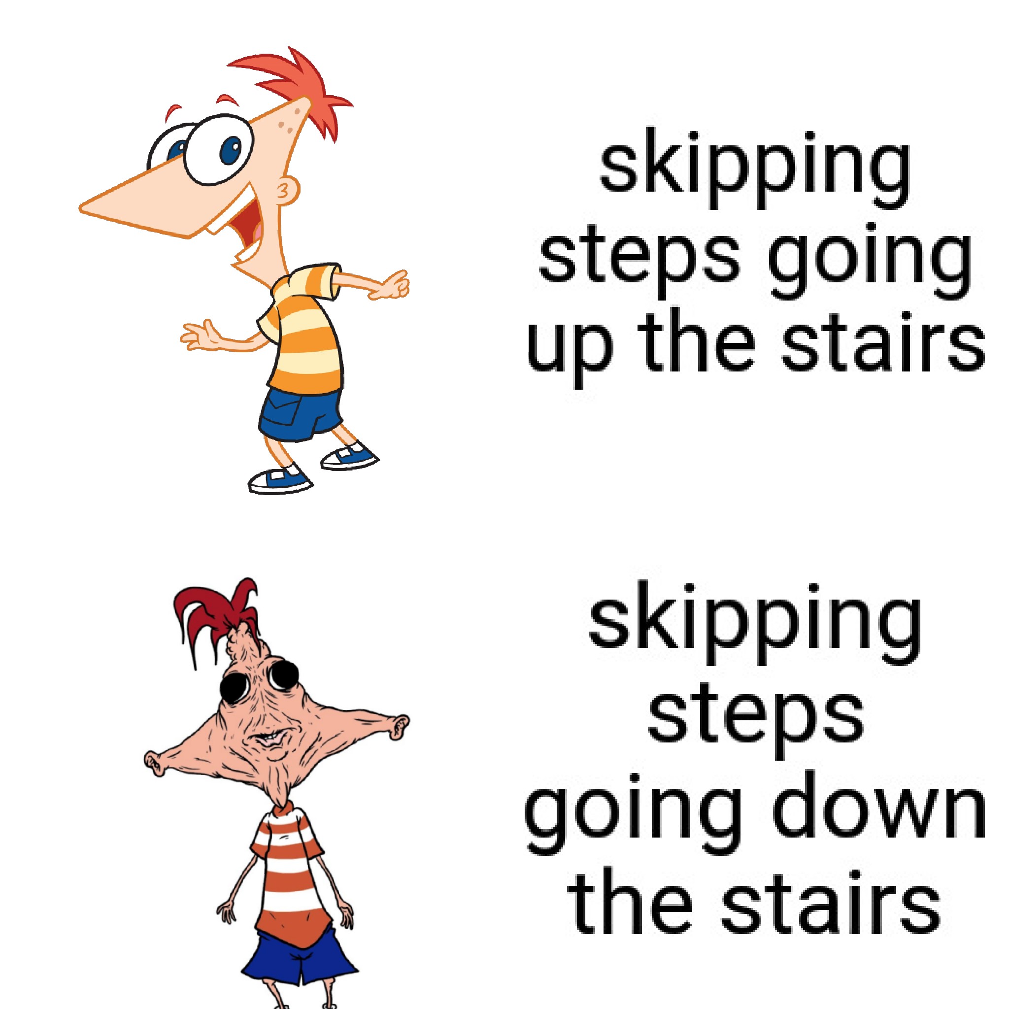 cartoon - 3 skipping steps going up the stairs skipping steps going down the stairs