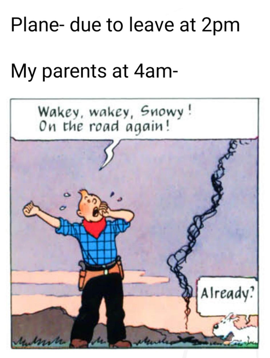 cartoon - Plane due to leave at 2pm My parents at 4am Wakey, wakey, Snowy! On the road again! Already? Multe