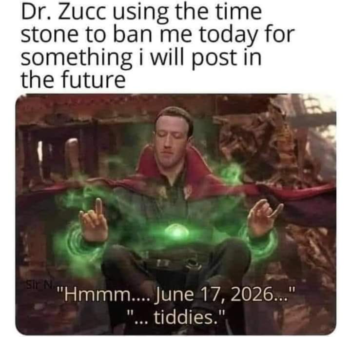 mark zuckerberg ban meme - Dr. Zucc using the time stone to ban me today for something i will post in the future Sir N. "Hmmm.... ..." "... tiddies."