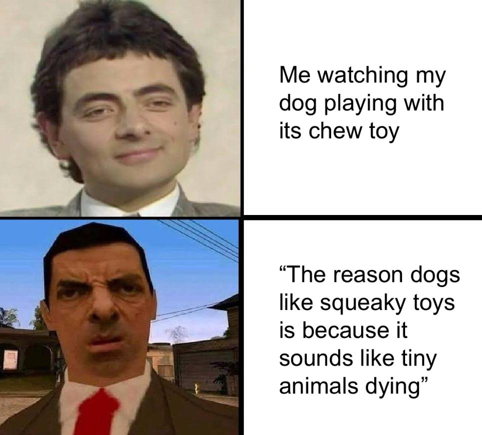 mr bean gta san andreas meme - Me watching my dog playing with its chew toy The reason dogs squeaky toys is because it sounds tiny animals dying"