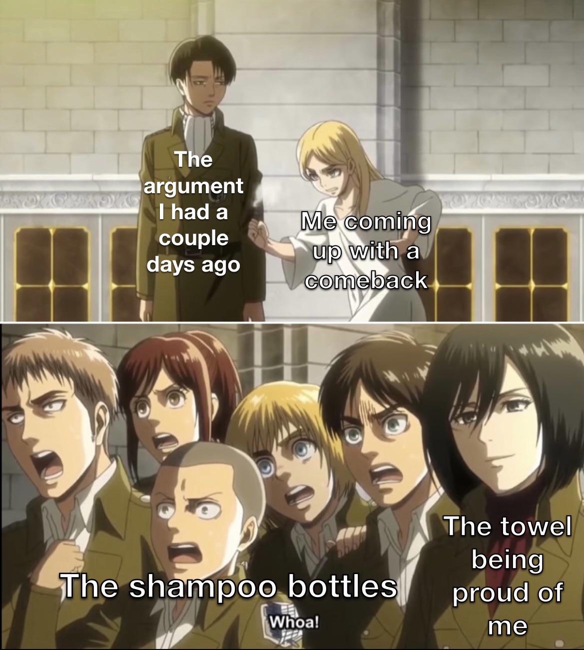 historia punch levi - The argument I had a couple days ago Me coming up with a comeback The shampoo bottles The towel being proud of me Whoa!