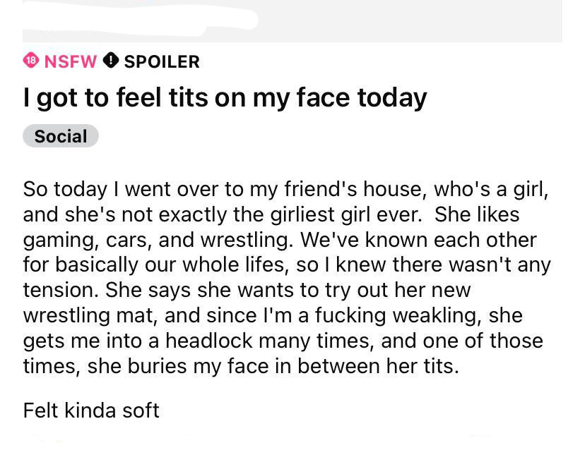 Image May Contain: - 18 Nsfw O Spoiler I got to feel tits on my face today Social So today I went over to my friend's house, who's a girl, and she's not exactly the girliest girl ever. She gaming, cars, and wrestling. We've known each other for basically 